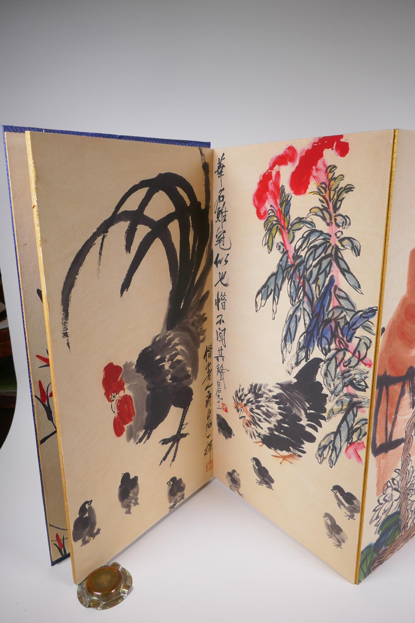A Chinese printed concertina watercolour book depicting insects, birds, flowers and fruit, 30 x 59cm - Image 6 of 8