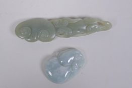 A Chinese celadon jade pendant carved in the form of a phoenix and ruyi, and another carved in the