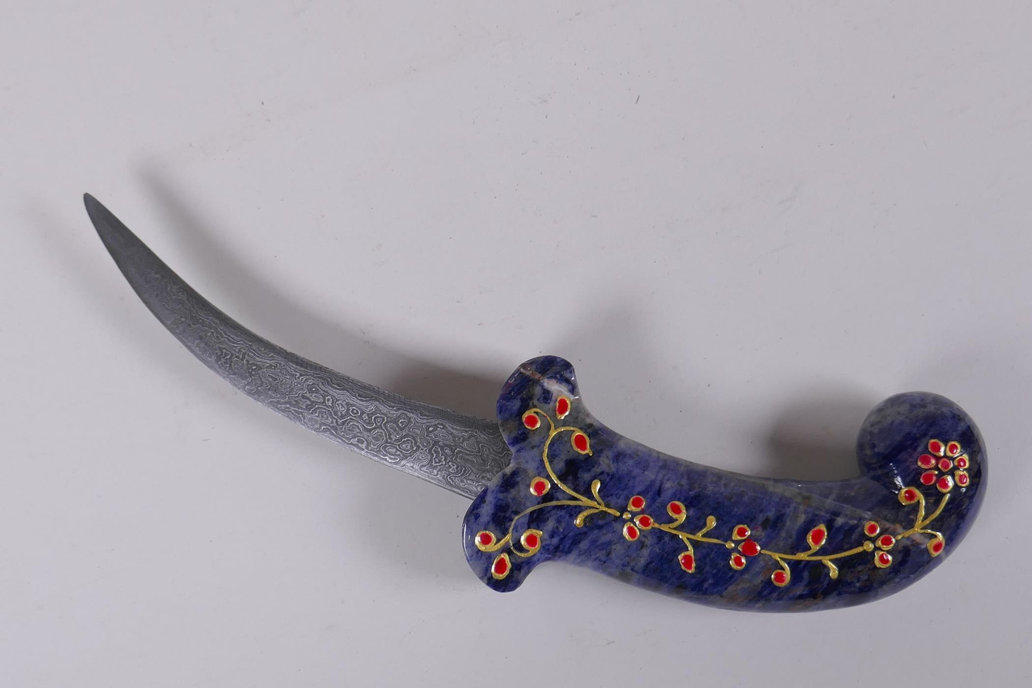 A Murghal style marble blue hardstone handled dagger with gilt and enamel decoration, 26cm long - Image 4 of 5