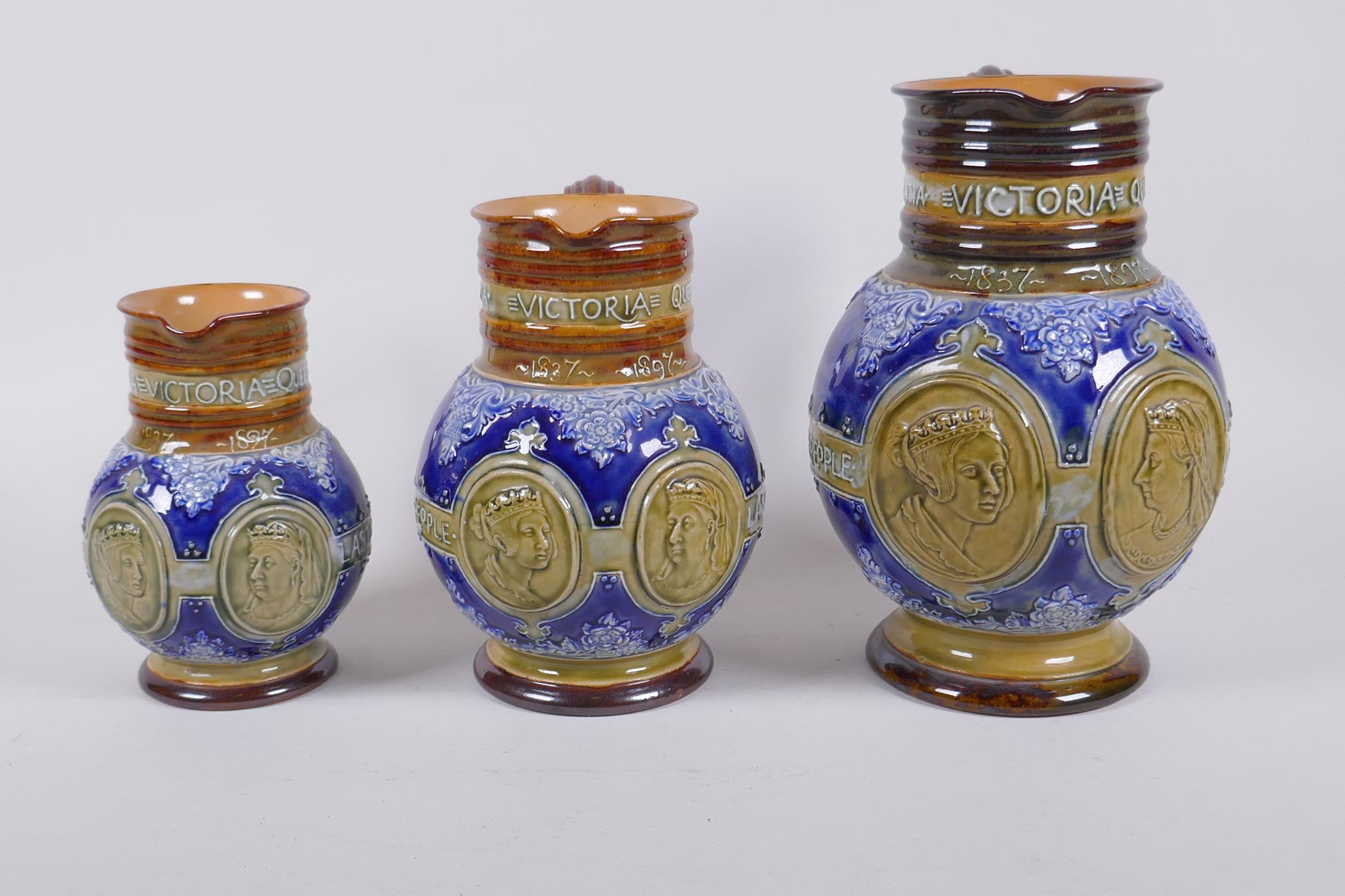 A set of three Queen Victoria Diamond Jubliee Doulton Lambeth graduated stoneware jugs, all three - Image 2 of 5