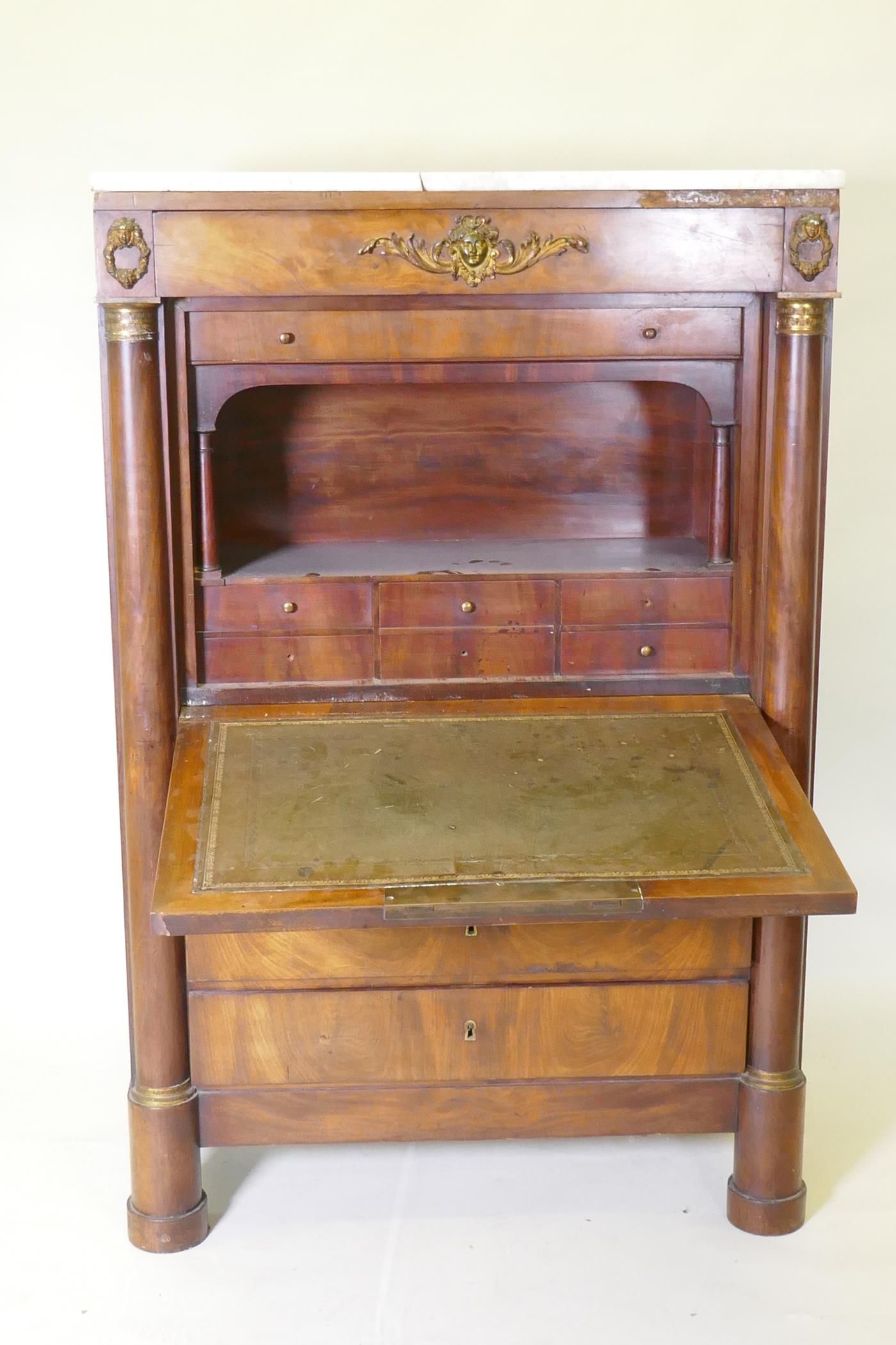 A C19th continental figured mahogany secretaire a abattant with ormolu mounts and marble top over - Image 5 of 6