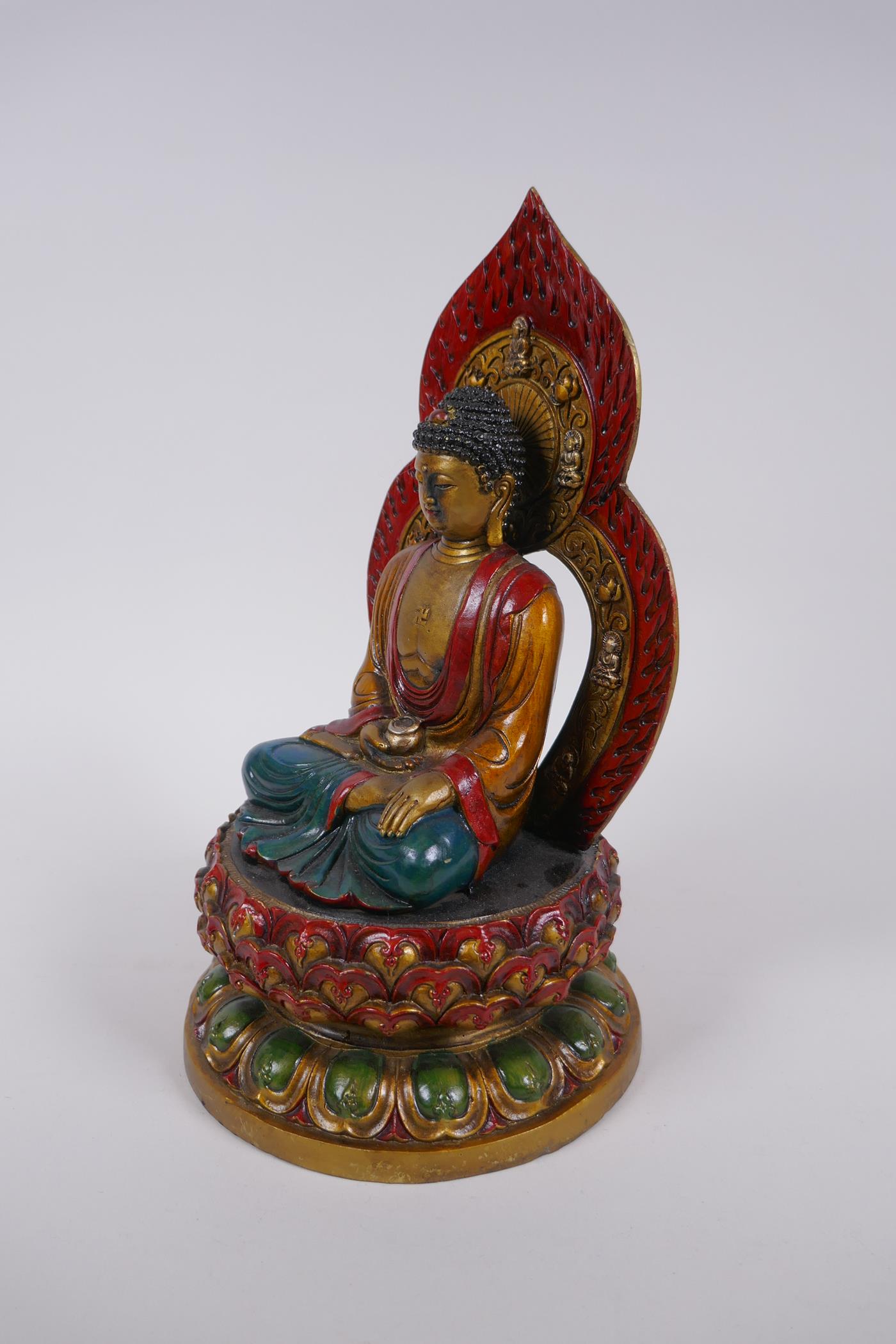 A Chinese cold painted filled bronze figure of Buddha seated on a lotus throne, 4 character mark - Image 3 of 6