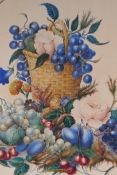 A Regency still life, grapes, plums and a basket of flowers, watercolour, 33 x 40cm