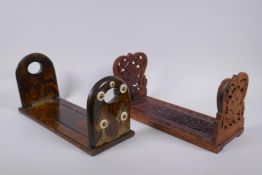 A Victorian papier mache book slide with decorative brass and bone mounts, and painted with a burr