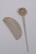 A Chinese white metal hairpin and similar white metal comb, 18cm long