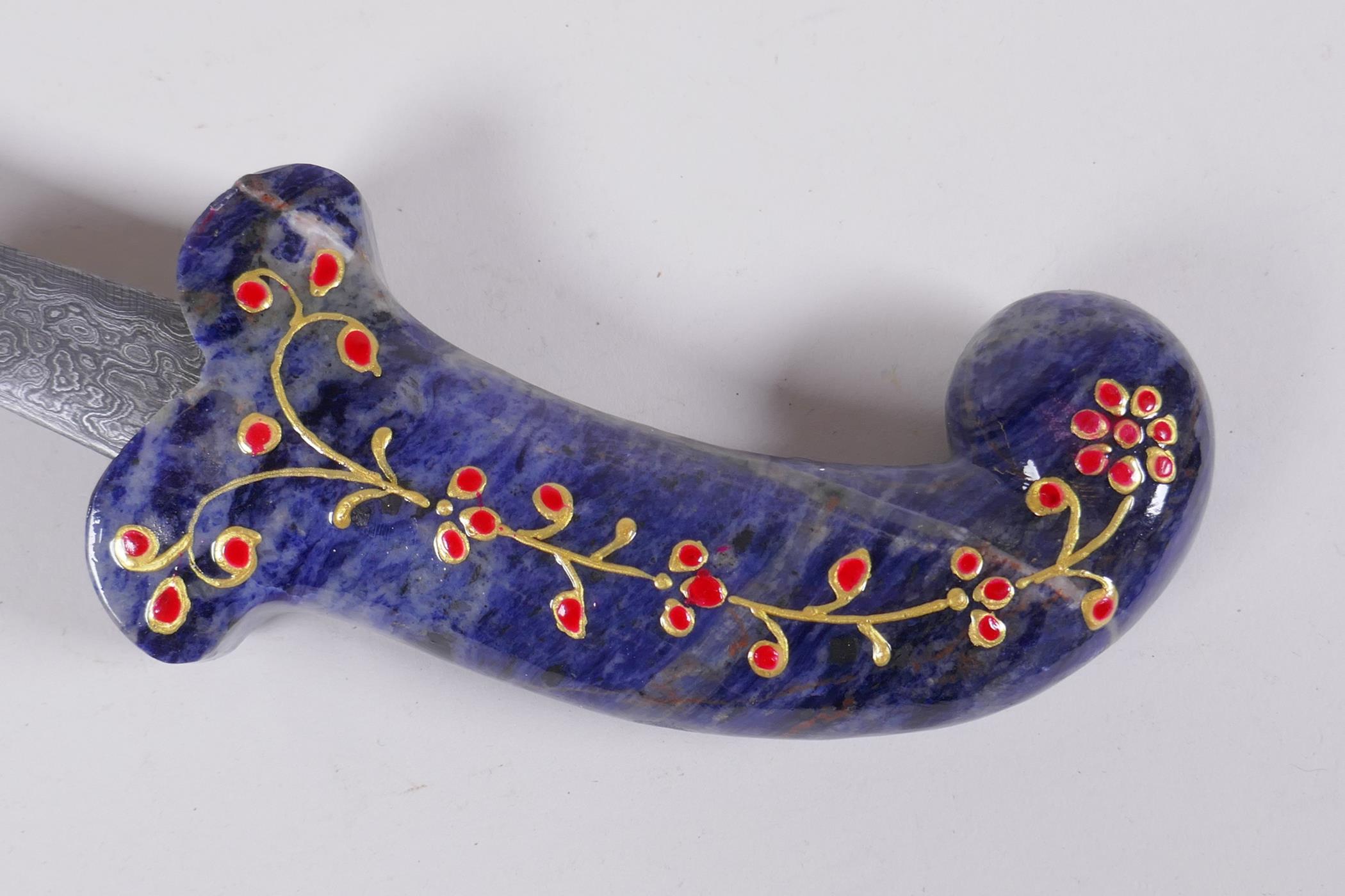 A Murghal style marble blue hardstone handled dagger with gilt and enamel decoration, 26cm long - Image 5 of 5