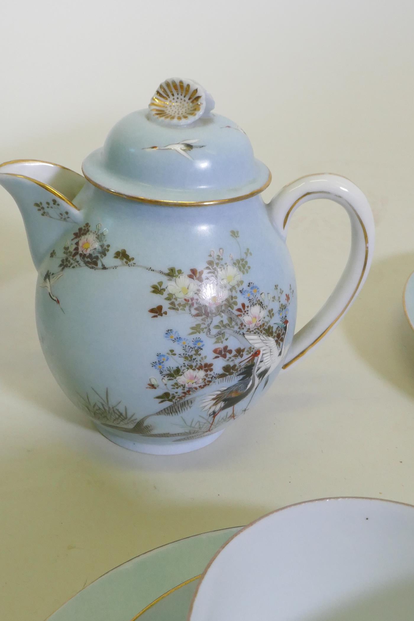 A Japanese Meiji period hand painted eggshell porcelain part tea service, comprising a tea pot, milk - Image 5 of 12
