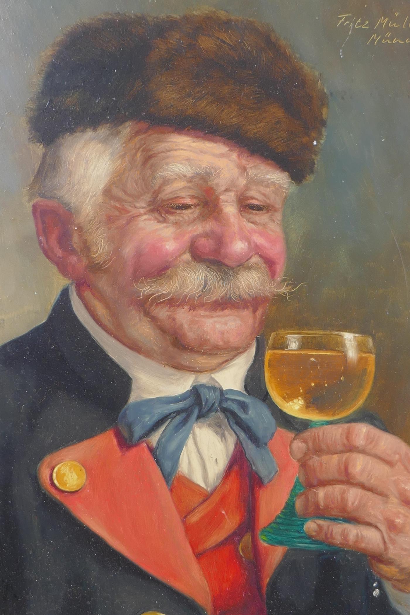 Fritz Muller, the wine drinker and coffee drinker, signed Fritz Muller, Munchen, oils on board, in - Image 2 of 5