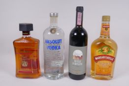 A 1996 bottle of Brunello Di Montalcino red wine, and a 1L bottle of Absolut Vodka, a 750ml bottle