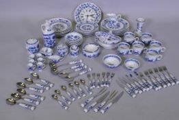 A six place Bohemian matched onion pattern service with blue and white transfer painted