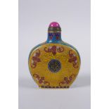 A Chinese cloisonne snuff bottle decorated with bats and auspicious symbols, Qianlong 4 character