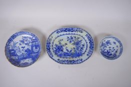 Three C19th Chinese blue and white porcelain dishes of various forms with floral and landscape