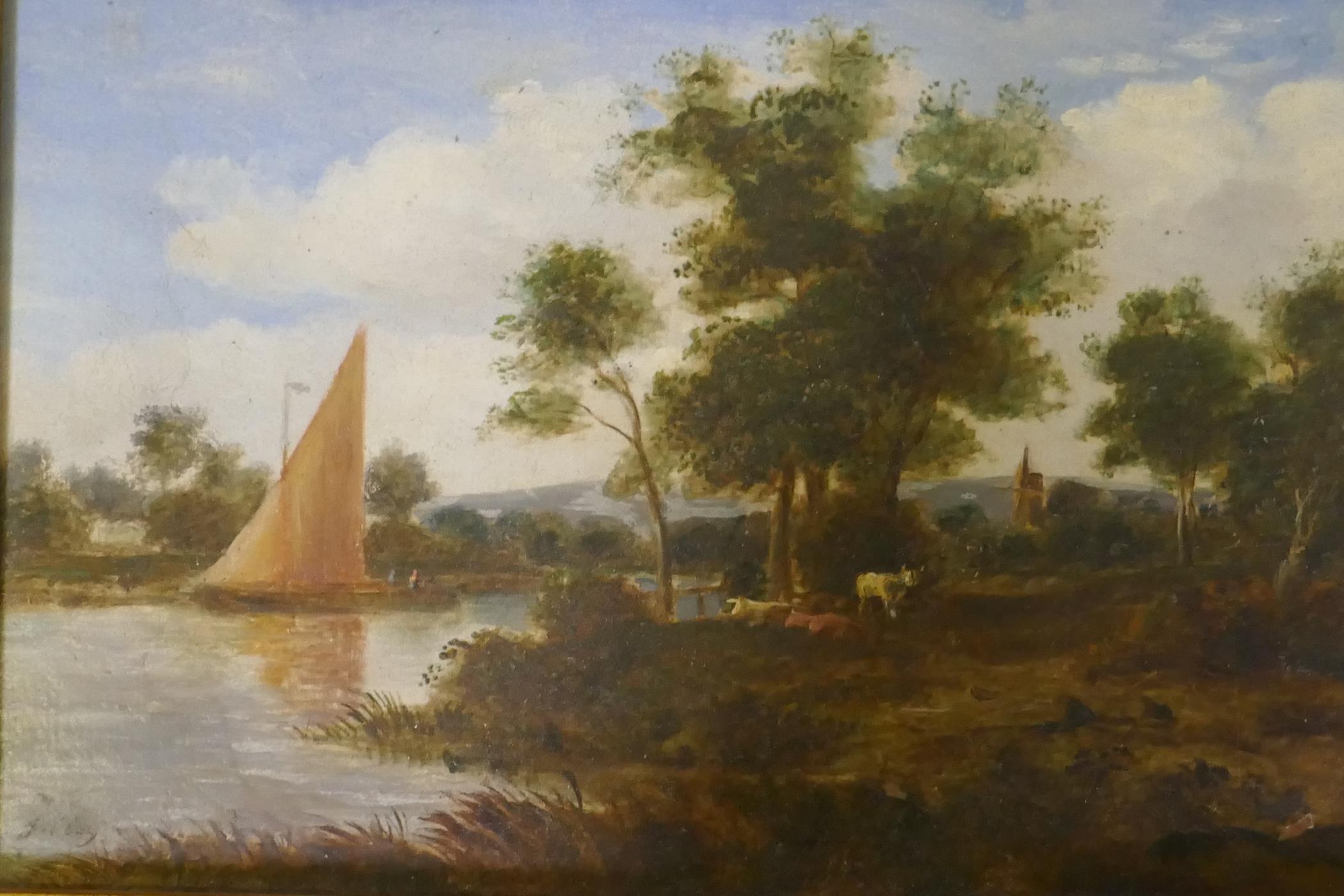 J. Clug, river landscape wit sailing barge, oil on board/panel, 18 x 13cm