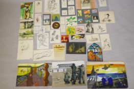 A quantity of unframed watercolours, drawings and mixed media paintings