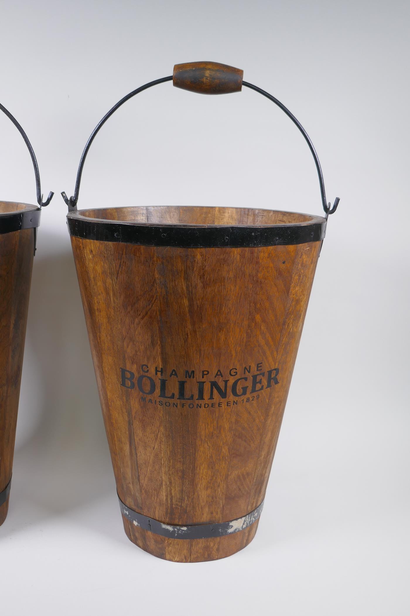A pair of coopered wooden champagne buckets with Bollinger decoration, 40cm high, 30cm diameter - Image 2 of 3