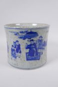 An antique blue and white porcelain brush pot of waisted form, decorated with travellers, Chinese