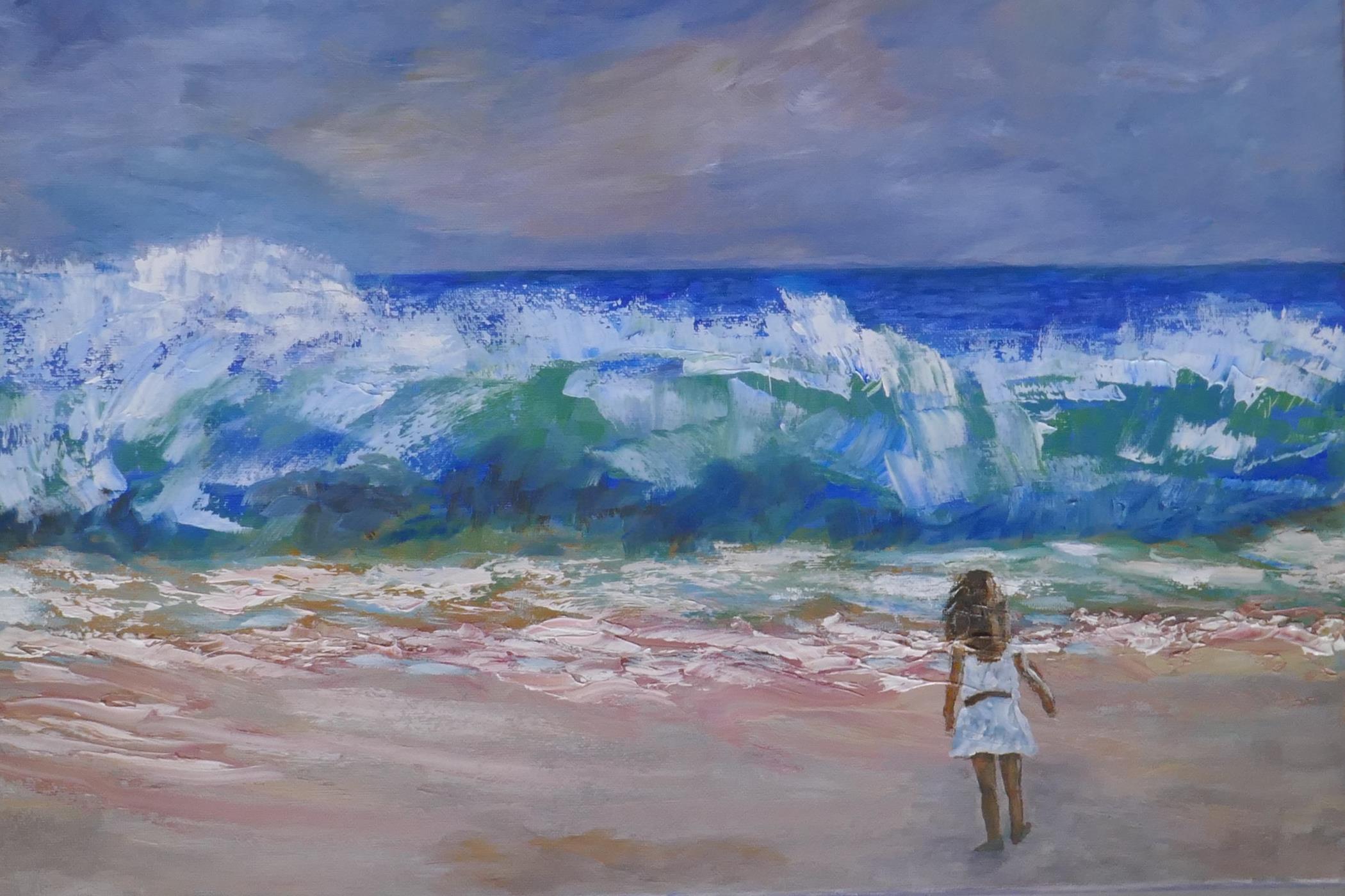 A Himalayan landscape with a tiger, oil on canvas, a stormy seascape, and a girl on a beach, also - Image 4 of 4