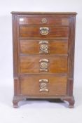 A C19th mahogany five drawer chest, with brass plate handles and painted decoration, raised on