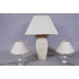 A ceramic table lamp and a pair of smaller alabaster lamps, 78cm with shade