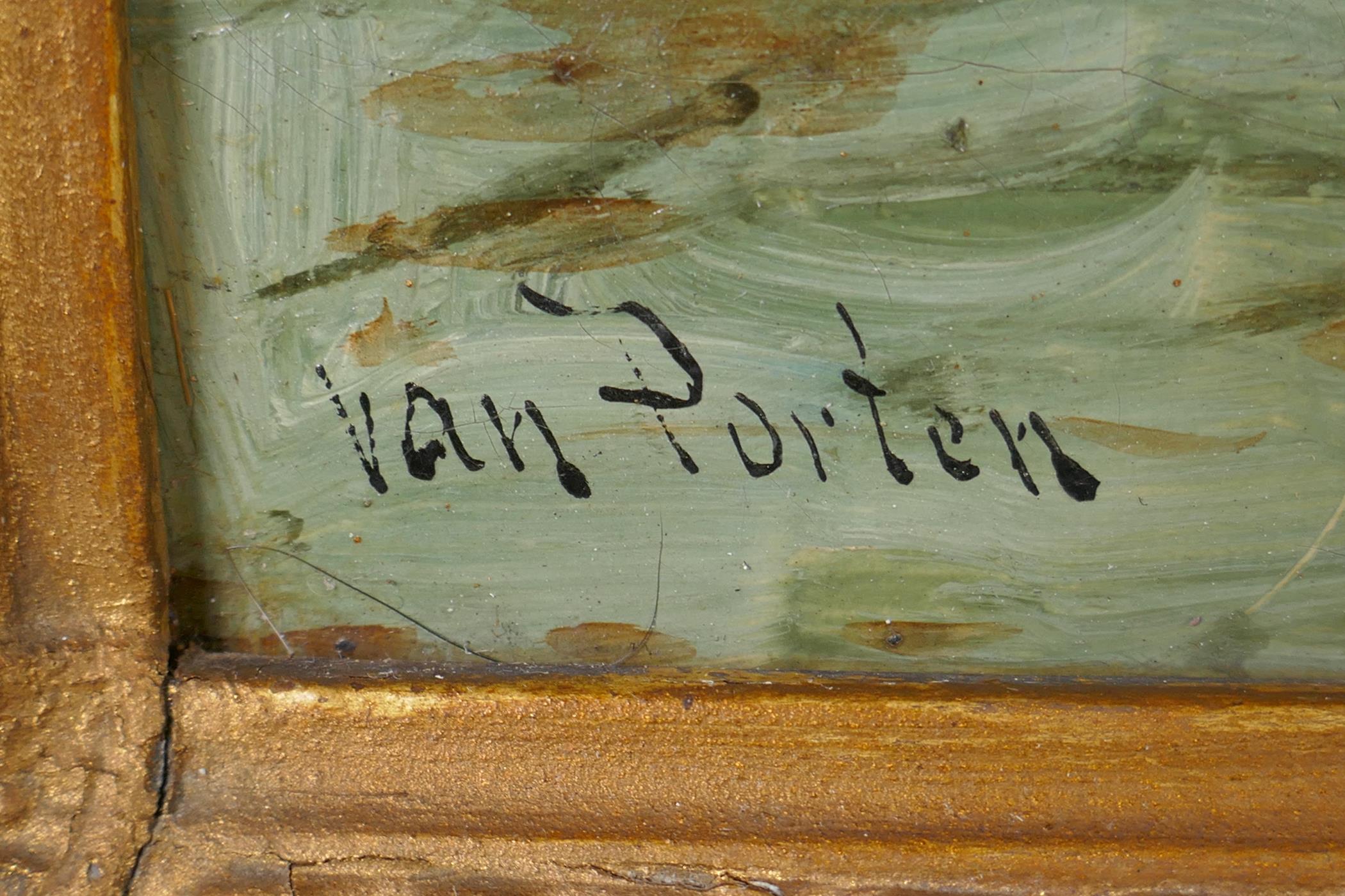 Van Porten, Dutch barges in a coastal inlet with fisherfolk, signed, oil on canvas, 30 x 46cm - Image 3 of 8