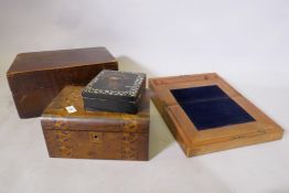 A stained pine writing slope, 40 x 28 x 20cm, a mahogany slope, walnut box and lacquered box