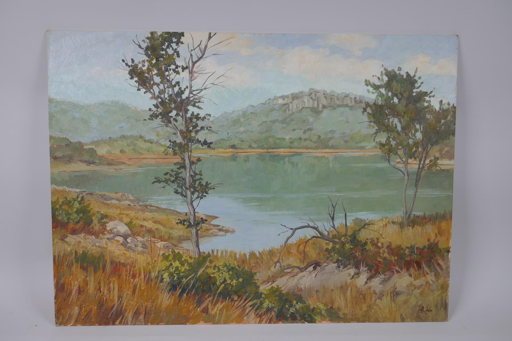 V. d. Linde, view across a lake, possibly Bass Lake, Pretoria (Pretoria label verso), signed oil - Image 3 of 4