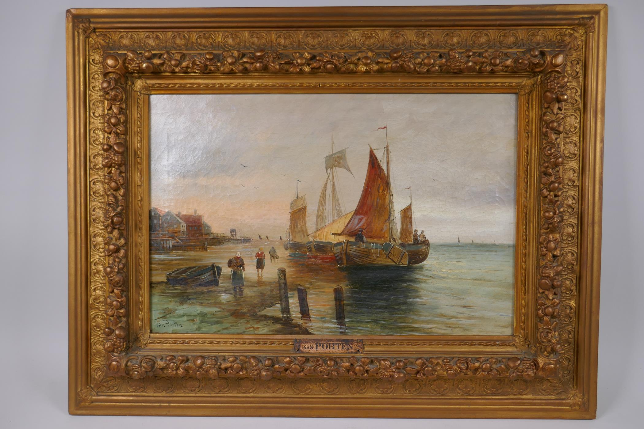 Van Porten, Dutch barges in a coastal inlet with fisherfolk, signed, oil on canvas, 30 x 46cm