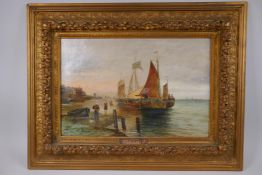 Van Porten, Dutch barges in a coastal inlet with fisherfolk, signed, oil on canvas, 30 x 46cm