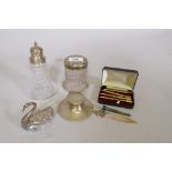 A silver mounted cut glass sifter, jar, inkwell, trinket dish and bridge pencils etc