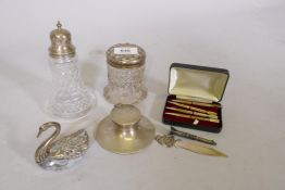 A silver mounted cut glass sifter, jar, inkwell, trinket dish and bridge pencils etc