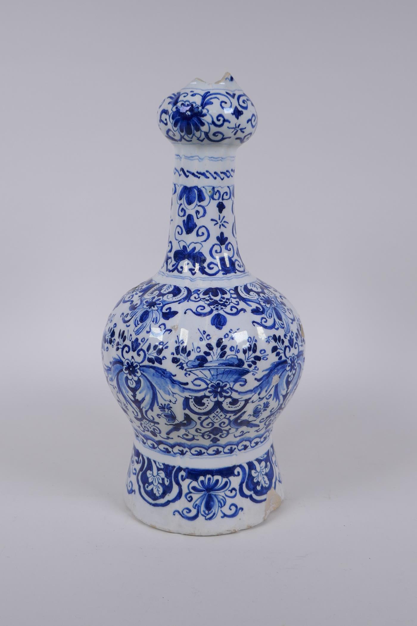 An C18th/C19th Delft blue and white garlic head shaped vase, decorated with birds, flowers and - Image 3 of 7