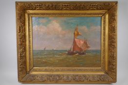 A C19th marine landscape with Dutch barge, oil on canvas, indistinctly signed, in a good period gilt