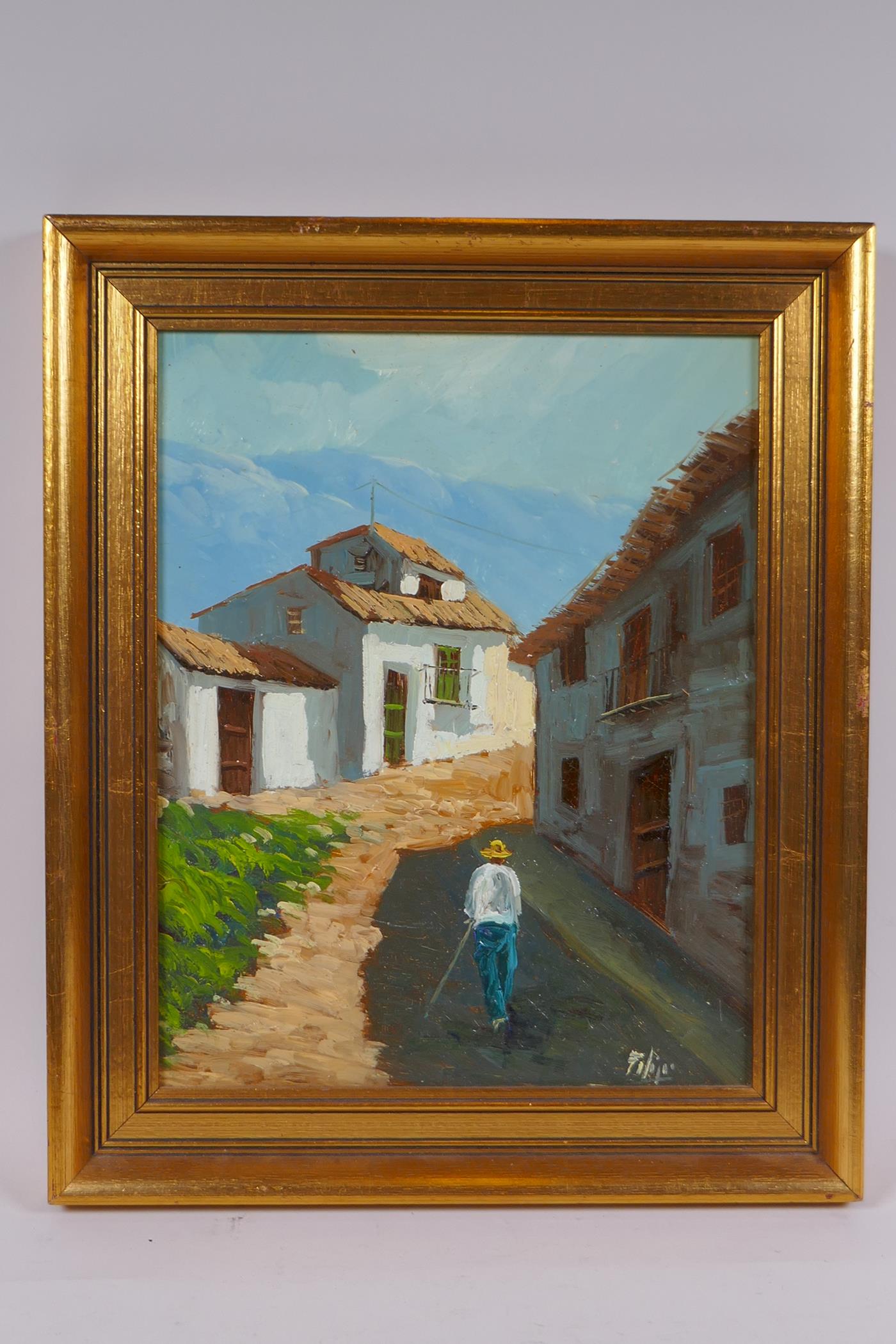 Continental village street with distant mountains, indistinctly signed, oil on board, 24 x 30cm - Image 3 of 3