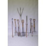 A collection of vintage gardener's tools, spades, forks, pruner etc