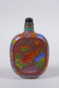 A Chinese YiXing redware snuff bottle with polychrome enamel carp decoration, gilt 4 character