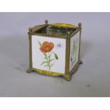 A brass planter, the side inset with Minton tiles decorated with wild flora and fauna, 20 x 20 x