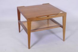 A mid century teak two tier occasional table with carved under tier, 60 x 60 x 49cm