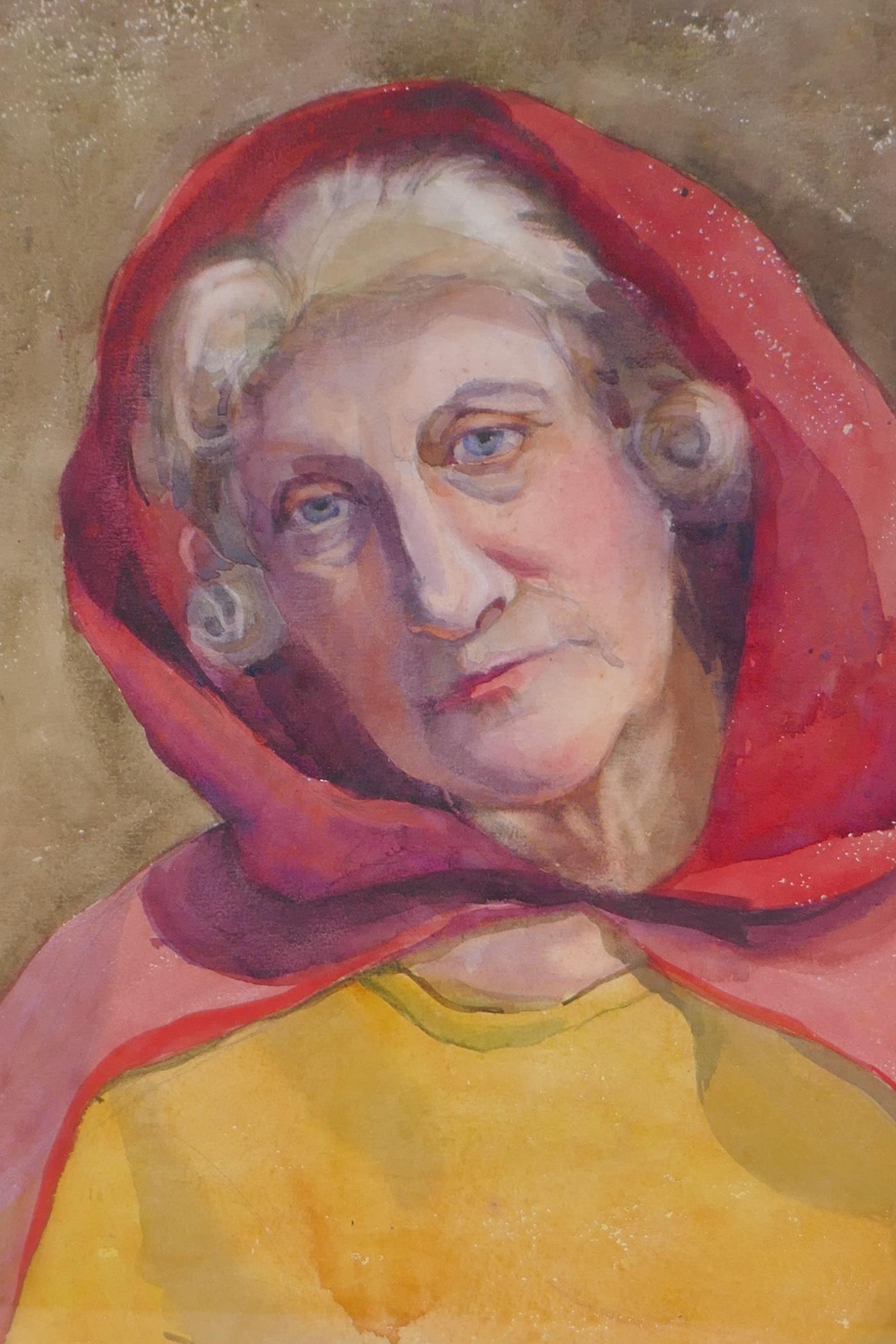Portrait of an old woman in a red shawl, watercolour, 30 x 40cm