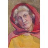 Portrait of an old woman in a red shawl, watercolour, 30 x 40cm