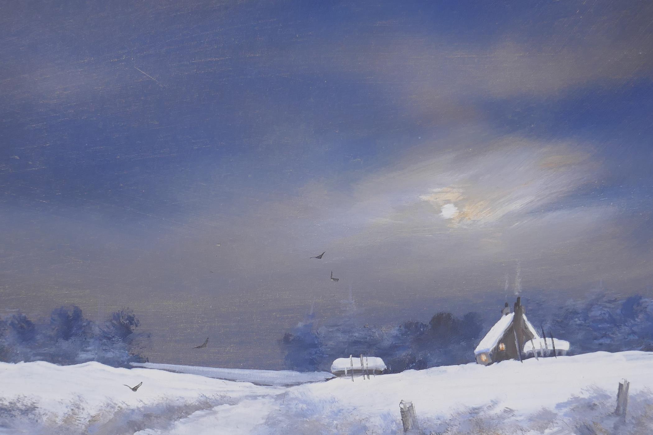 George C. Spence, Winter Night, Scotland, and Winter Study, Fife, pair of oils on bard, signed, both - Image 4 of 6