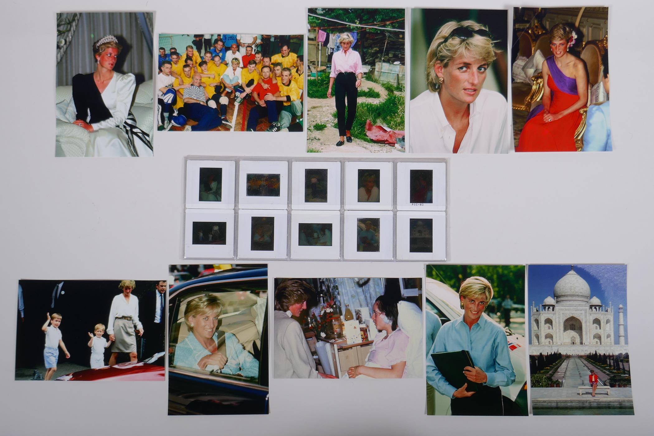 A set of ten photographic slides depicting Princess Diana and a set of accompanying photographs,