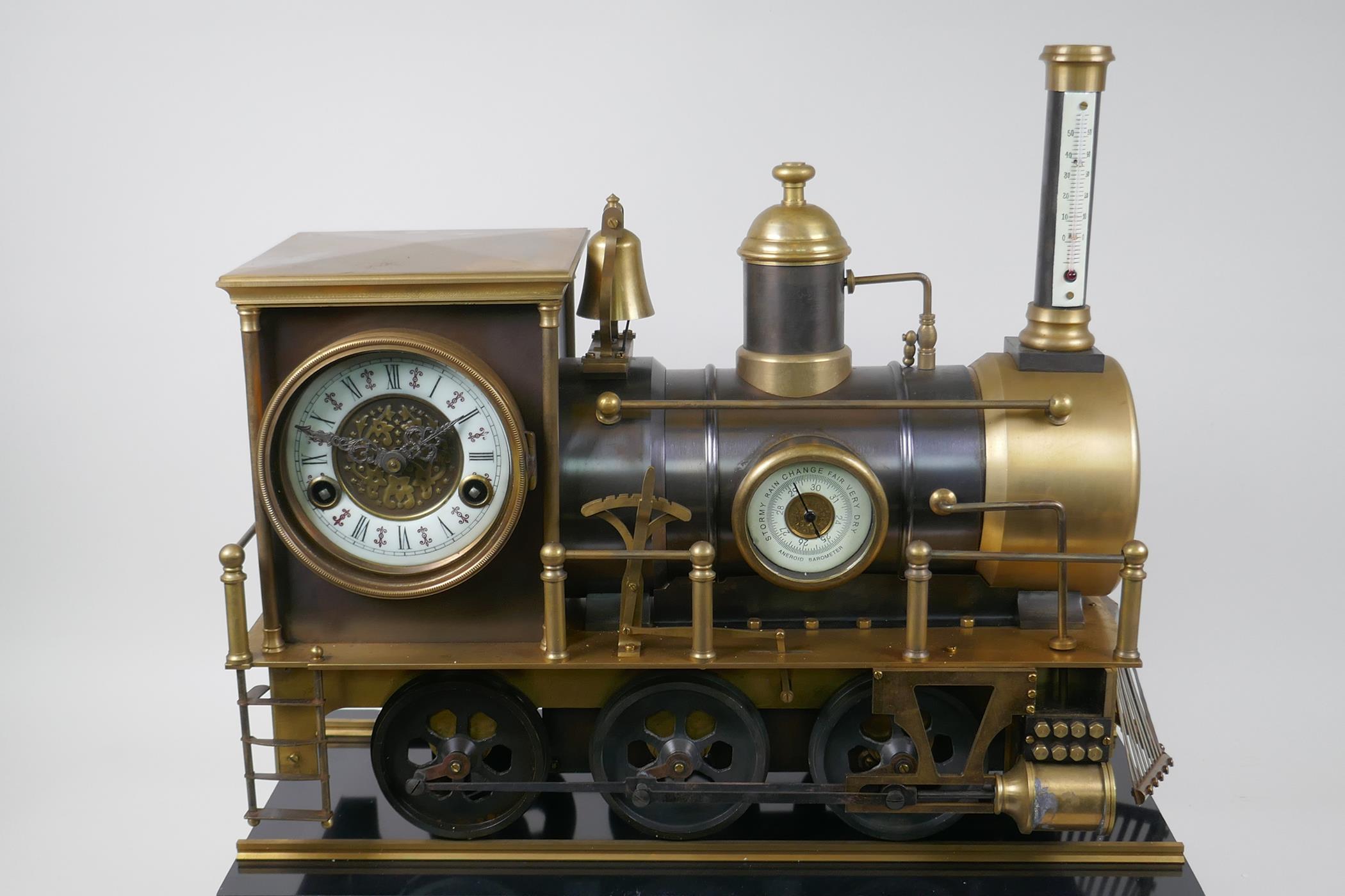 A French style bronze and brass automaton locomotive clock, 47cm long, 45cm high - Image 2 of 8