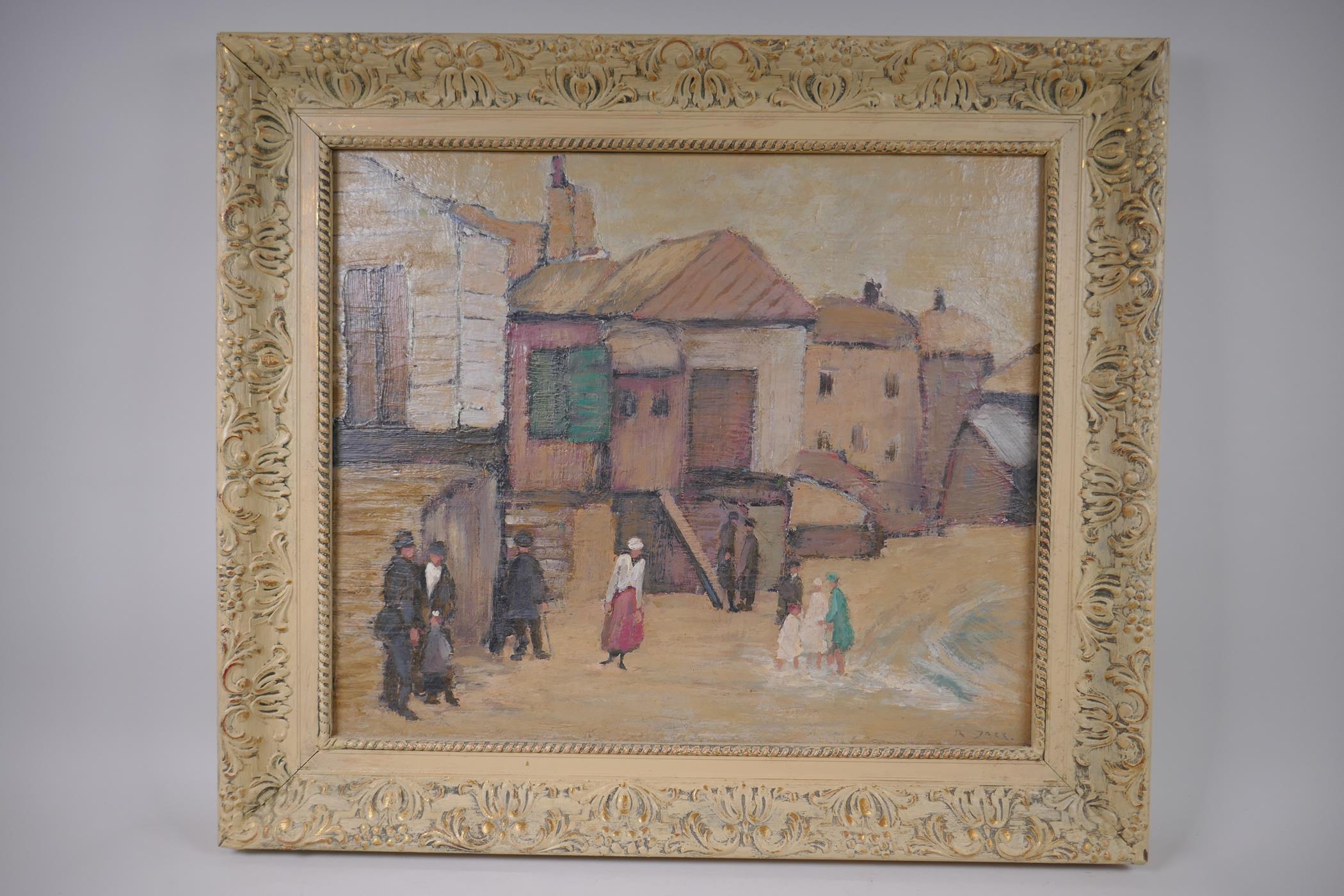 Beach scene with figures by fishermen's huts, signed R. Jack, oil on board, 45 x 53cm - Image 2 of 4