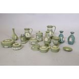 A collection of Wedgwood green Jasperware, largest jug 15cm high