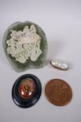 A C19th rolled gilt edged paper mourning flower display, together with an abalone and brass pill