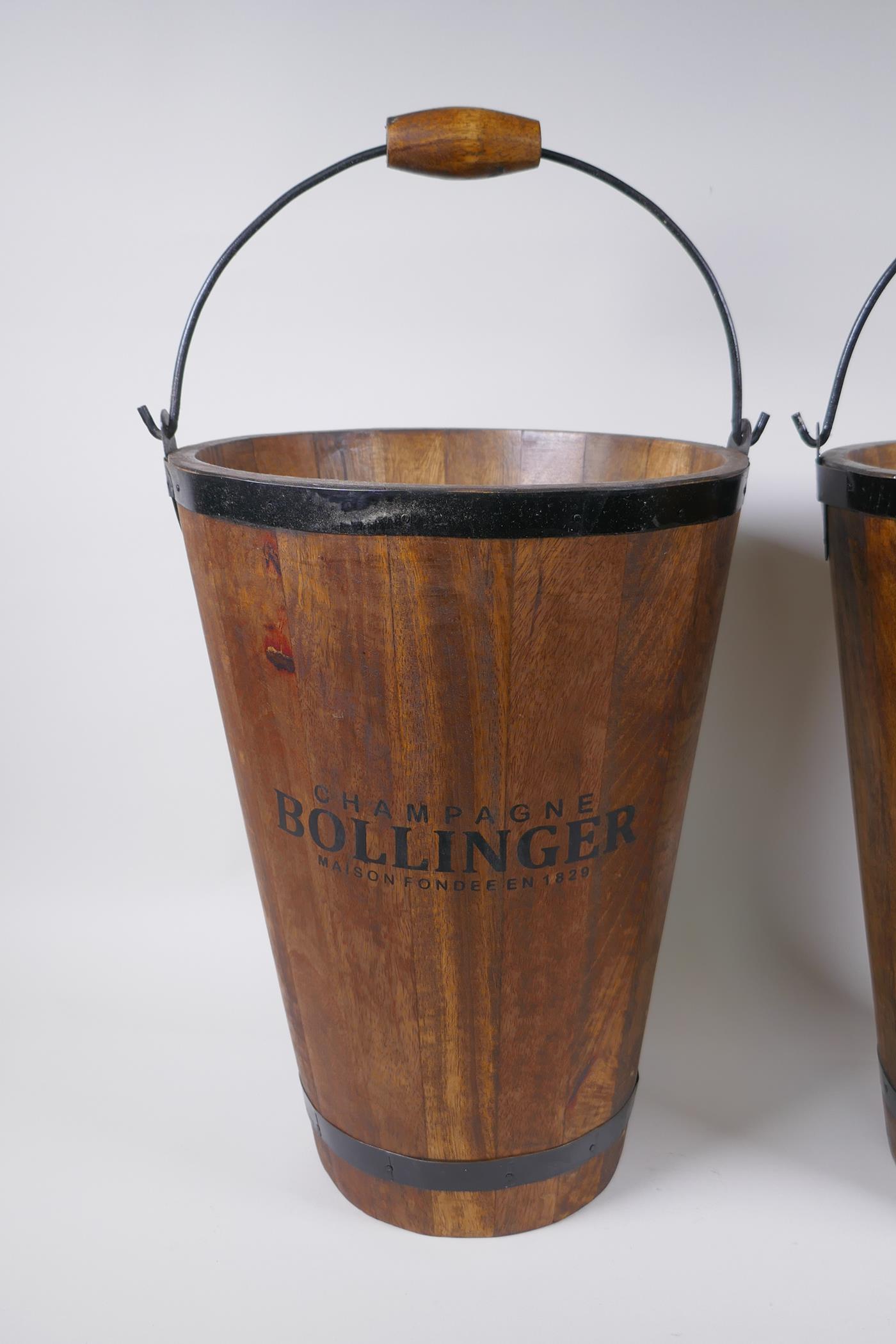 A pair of coopered wooden champagne buckets with Bollinger decoration, 40cm high, 30cm diameter - Image 3 of 3