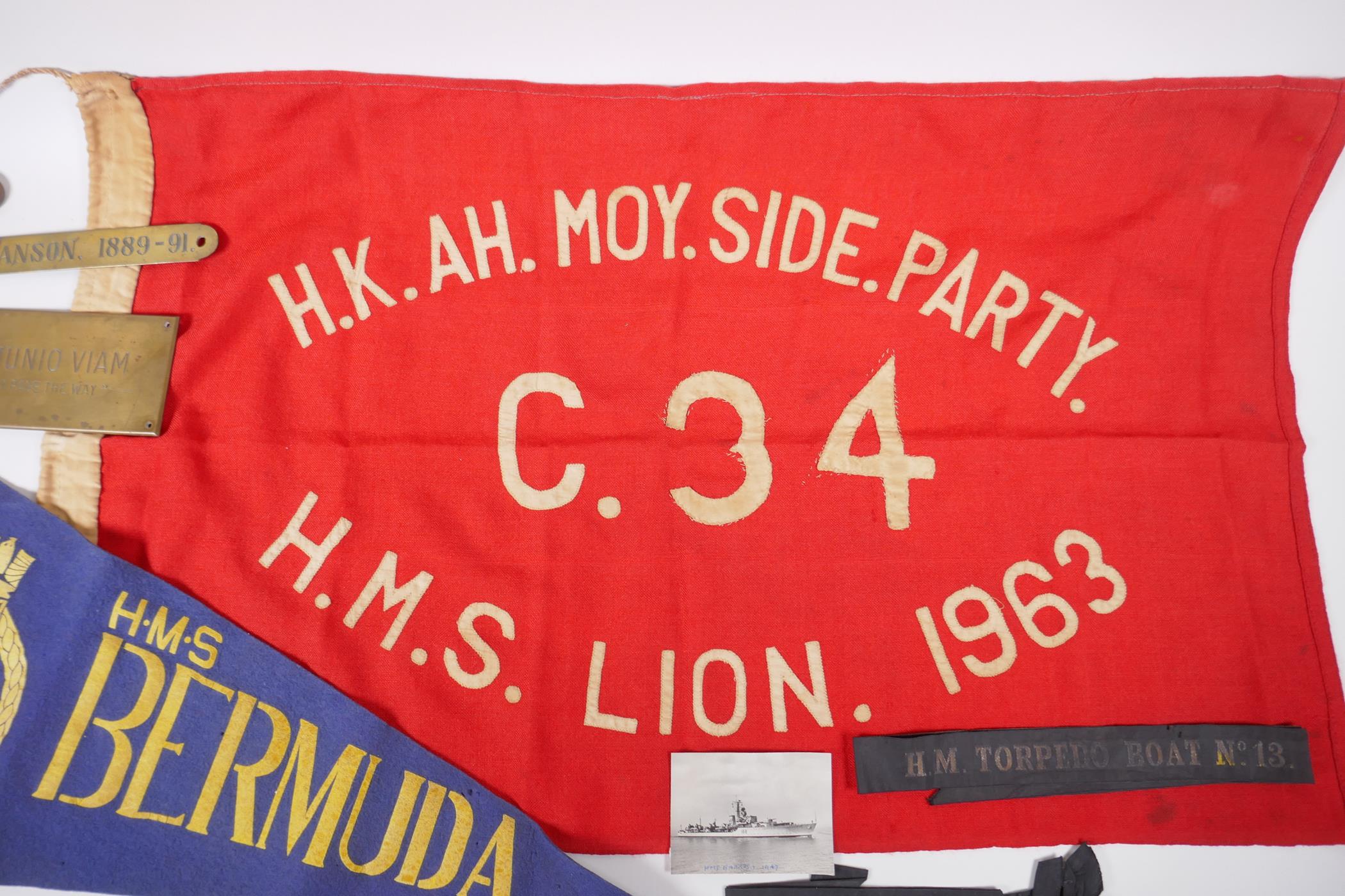 Of Naval Interest: a vintage ship's pennant for the H.M.S. Lion and another for the H.M.S. - Image 3 of 6