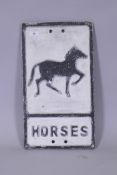 A vintage cast aluminium Horses warning sign, with glass reflectors, 53 x 30cm