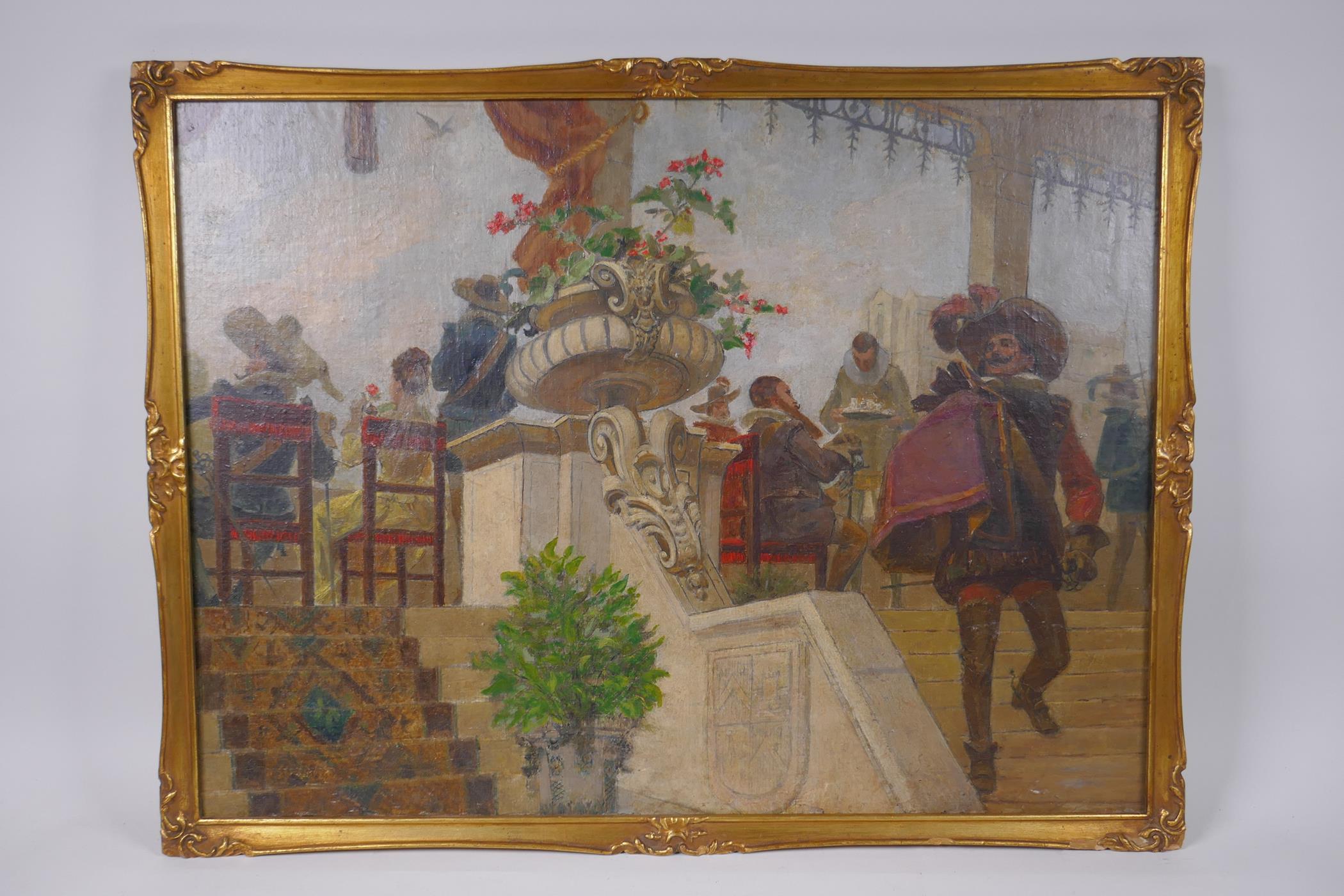 Figures on a terrace, C19th oil on canvas laid on board, 46 x 62cm - Image 2 of 3