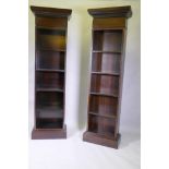 A near pair of contemporary hardwood open bookcases, 60 x 30 x 201cm and 60 x 35 x 201cm, the larger